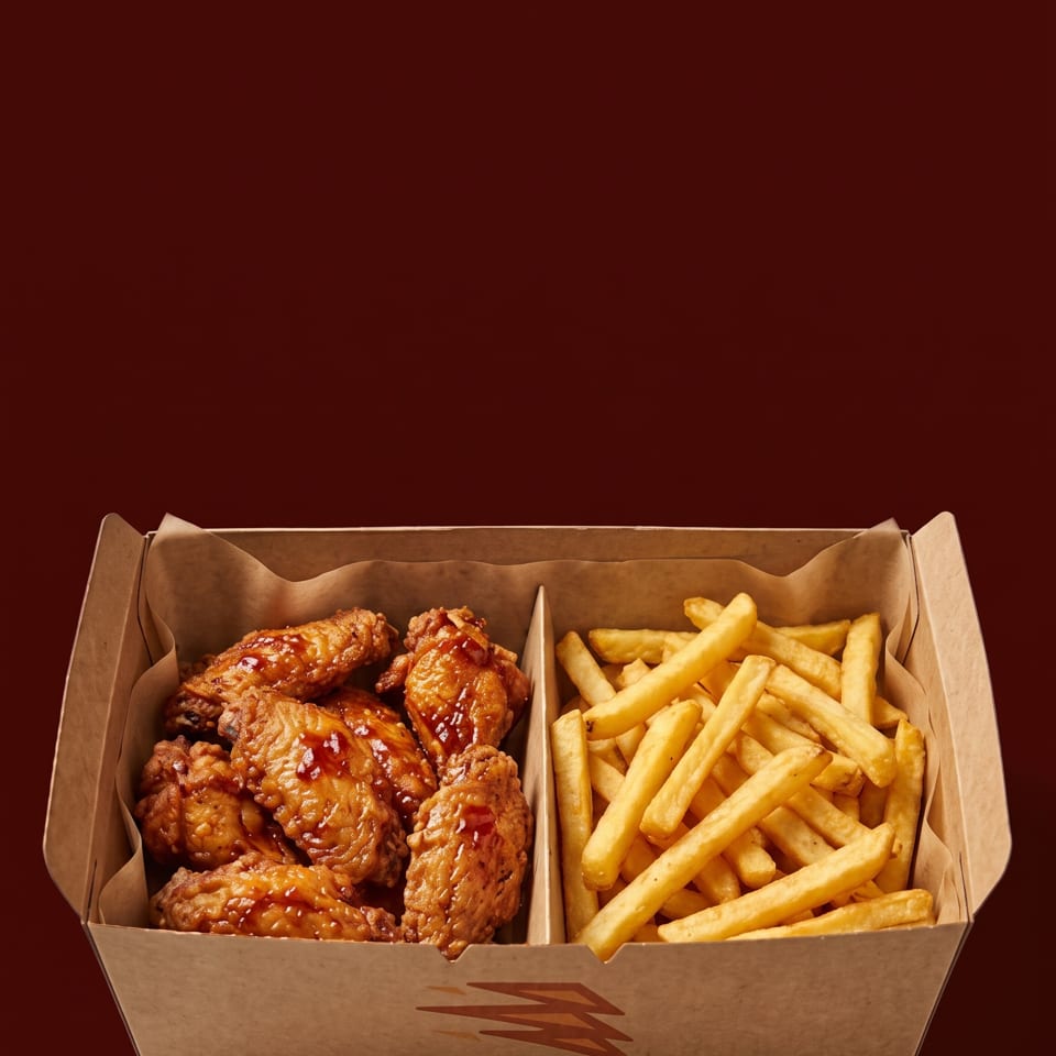 Cardboard takeout box filled with saucy fried chicken wings and golden French fries against a dark red background.