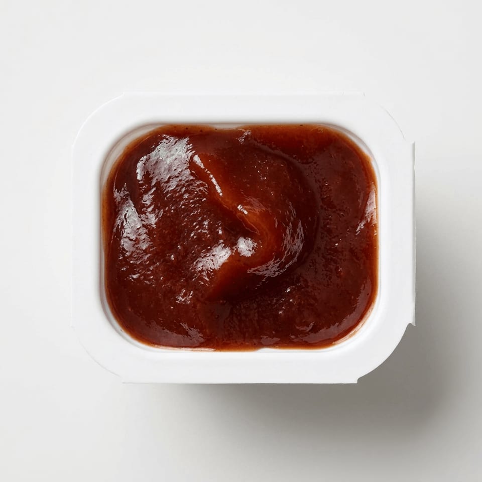 Square container filled with glossy dark reddish-brown dipping sauce on a white background.
