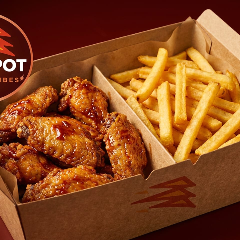 Nush Spot takeout box filled with glazed chicken wings and golden fries against a dark red background.