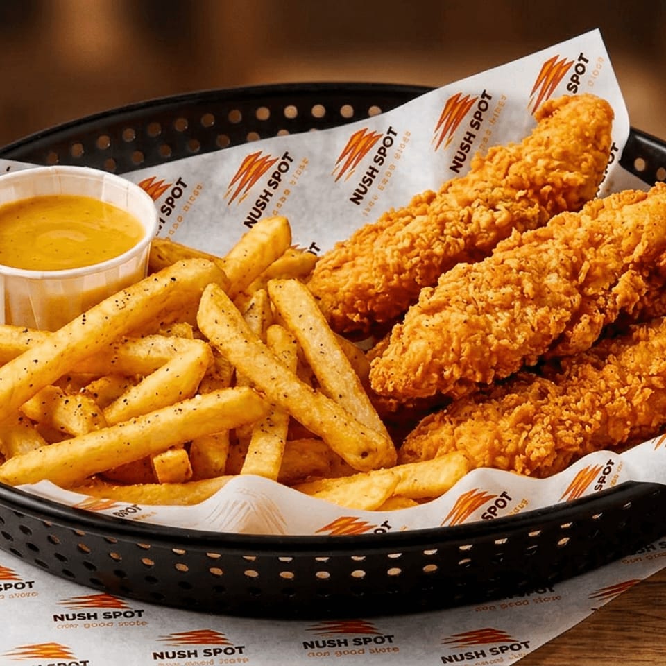 Basket of crispy fried chicken tenders and seasoned fries with dipping sauce on Nush Spot branded paper.