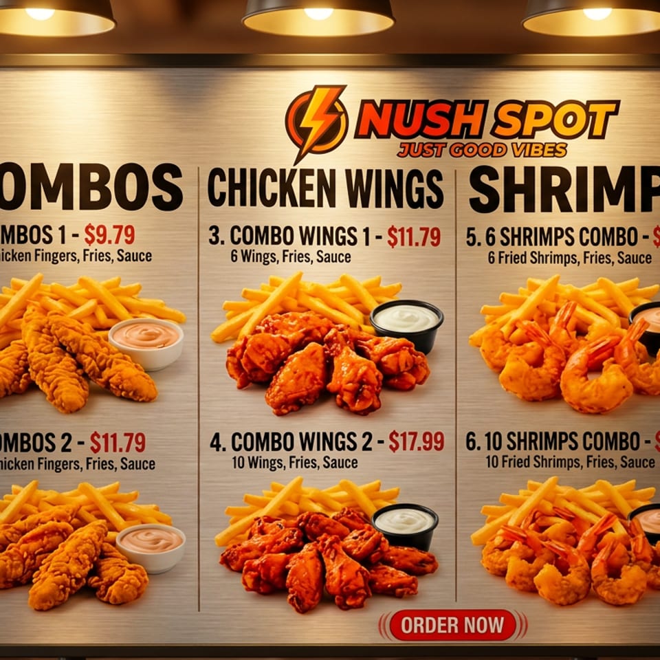 Nush Spot menu displays chicken finger, wing, and shrimp combos served with fries and dipping sauces.