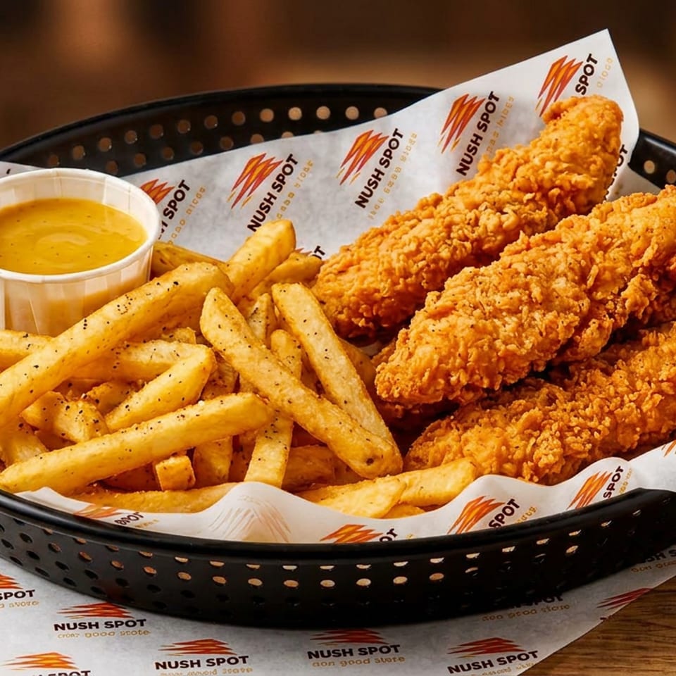 Basket of crispy chicken tenders and seasoned fries with dipping sauce on Nush Spot branded paper.