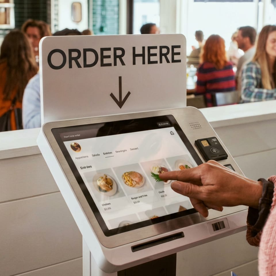 Customer uses a self-service restaurant kiosk beneath an “ORDER HERE” sign, with diners seated in the bright dining area.