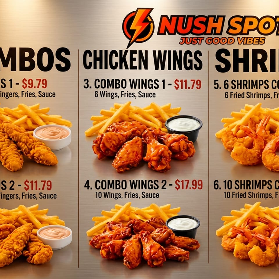 Nush Spot menu featuring chicken finger, chicken wing, and fried shrimp combos with fries, dipping sauces, and prices.