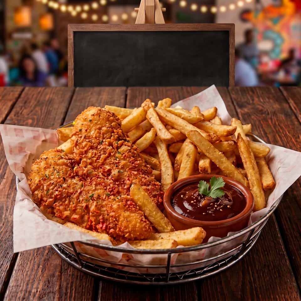 Basket of crispy fried chicken, French fries, and dipping sauce on a rustic wooden restaurant table.
