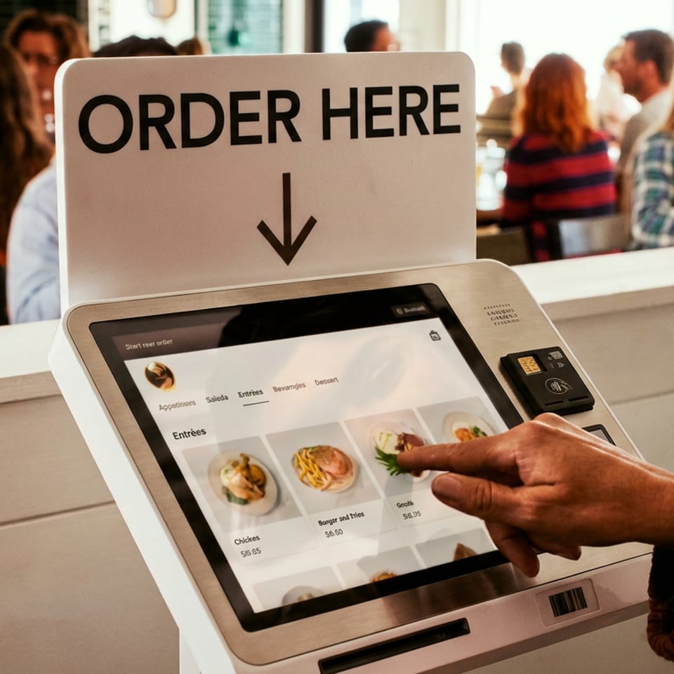 Customer selects food on a self-service ordering kiosk beneath an “ORDER HERE” sign in a busy restaurant.